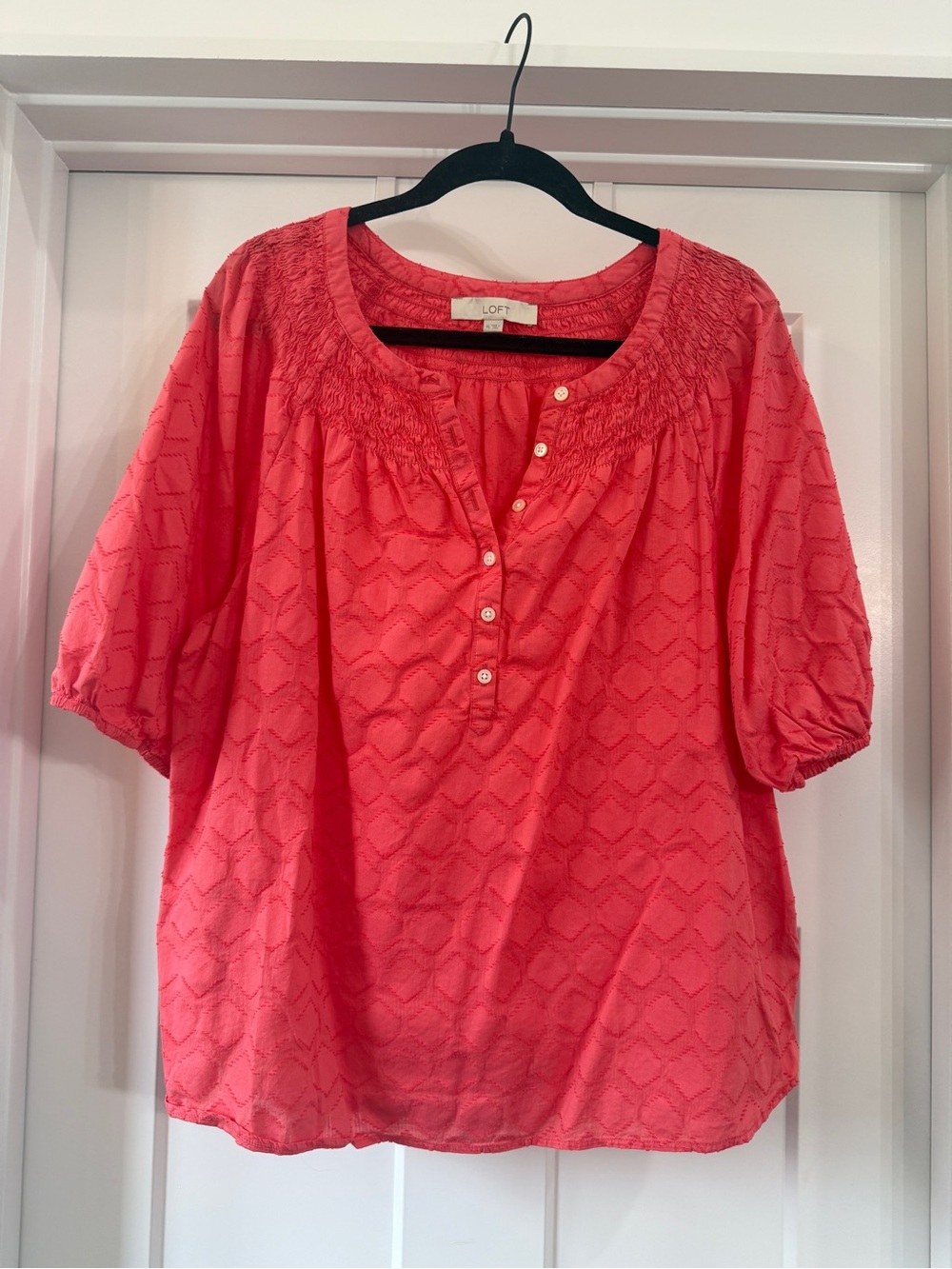 LOFT Coral Eyelet Smocked Yoke Blouse